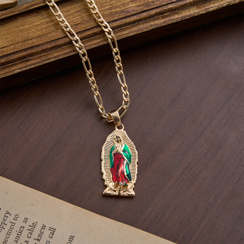 Christianartworkshop Eleganter Anhänger mit Sonnenstrahlenrand, emailliert, Jungfrau von Guadalupe, an einer dicken Figaro-Kette - image 7