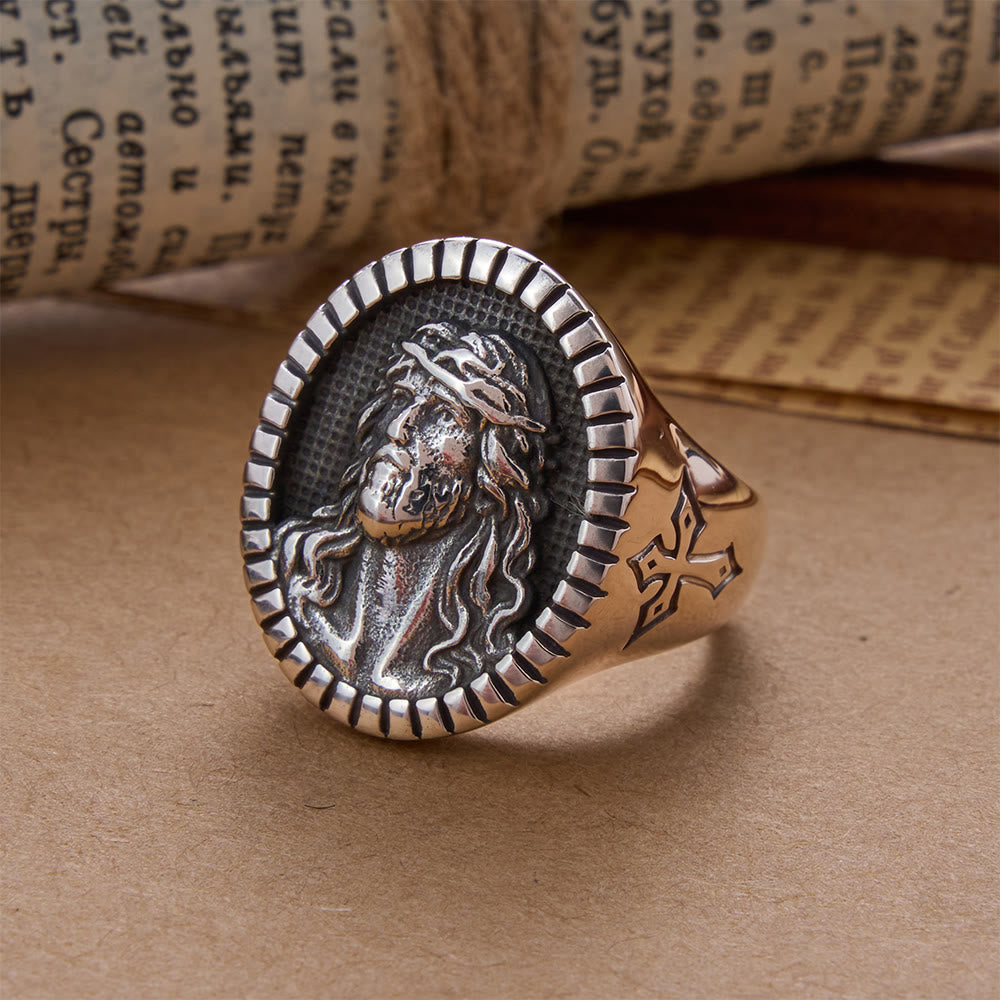 Christianartworkshop Vintage Christus Jesus Kopf Kreuz Segensring - US 13 - Silber - image 1