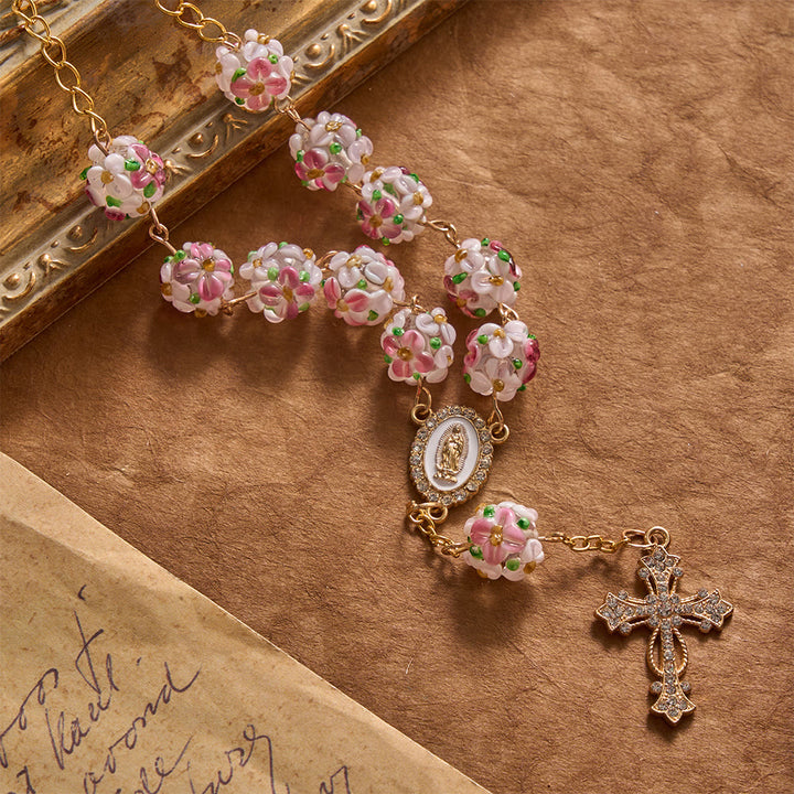 Christianartworkshop Prunkvoll verzierter Rosenkranz aus Glas mit goldenem Kreuz und Blumenmuster: Symbol himmlischen Reiseschutzes - image 3