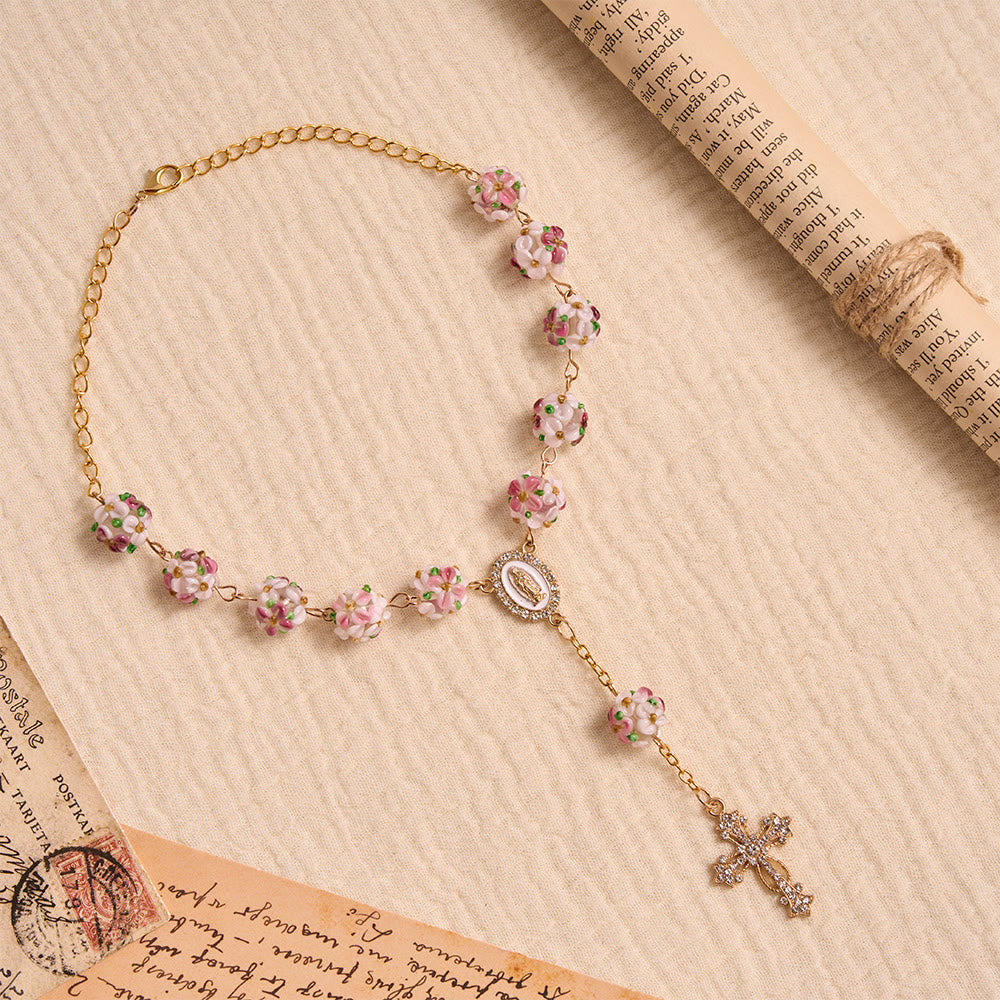 Christianartworkshop Prunkvoll verzierter Rosenkranz aus Glas mit goldenem Kreuz und Blumenmuster: Symbol himmlischen Reiseschutzes - image 6