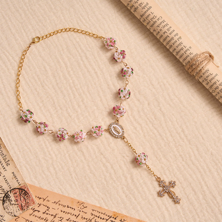 Christianartworkshop Prunkvoll verzierter Rosenkranz aus Glas mit goldenem Kreuz und Blumenmuster: Symbol himmlischen Reiseschutzes - image 6