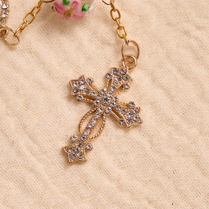 Christianartworkshop Prunkvoll verzierter Rosenkranz aus Glas mit goldenem Kreuz und Blumenmuster: Symbol himmlischen Reiseschutzes - image 9