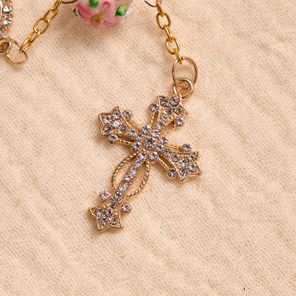 Christianartworkshop Prunkvoll verzierter Rosenkranz aus Glas mit goldenem Kreuz und Blumenmuster: Symbol himmlischen Reiseschutzes - image 9