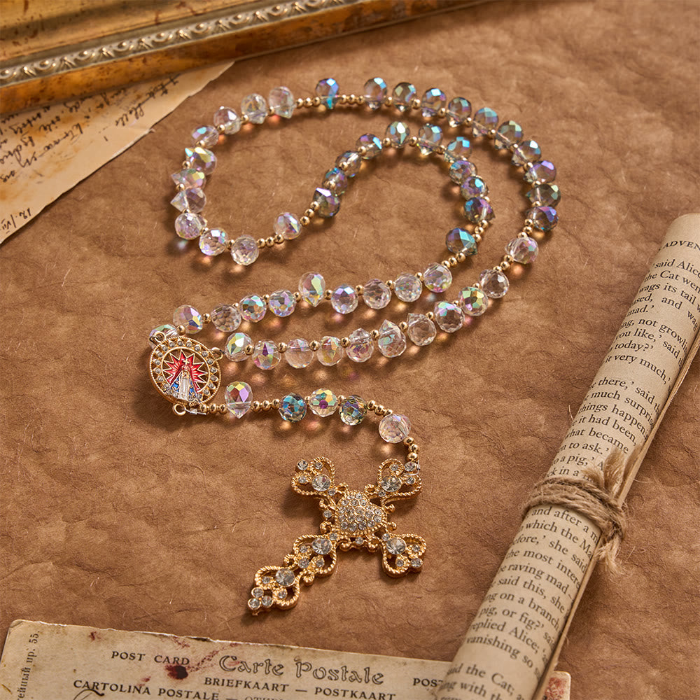 Christianartworkshop Rosenkranz aus irisierendem Glas in Tropfenform mit Farbverlauf, verziert mit einem juwelenbesetzten, vergoldeten Kreuz und einer Medaille Unserer Lieben Frau von Aparecida - image 2