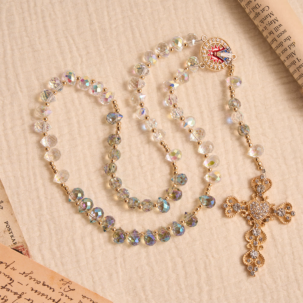 Christianartworkshop Rosenkranz aus irisierendem Glas in Tropfenform mit Farbverlauf, verziert mit einem juwelenbesetzten, vergoldeten Kreuz und einer Medaille Unserer Lieben Frau von Aparecida - image 3