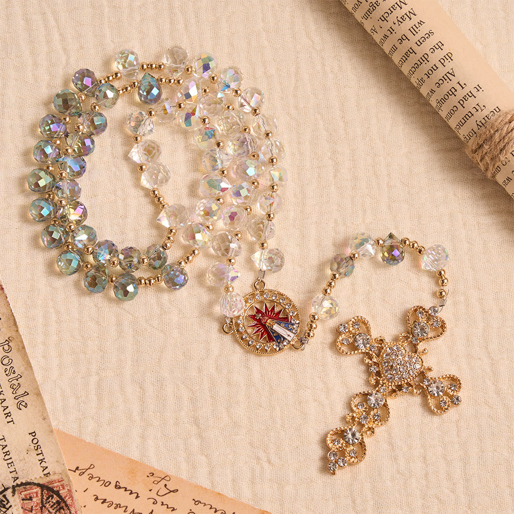 Christianartworkshop Rosenkranz aus irisierendem Glas in Tropfenform mit Farbverlauf, verziert mit einem juwelenbesetzten, vergoldeten Kreuz und einer Medaille Unserer Lieben Frau von Aparecida - Rosenkranz aus Glas in Tropfenform - image 0