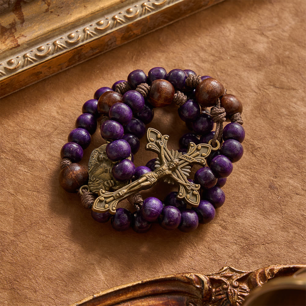 Christianartworkshop Lila Rosenkranz aus Holz mit bronzenem Kruzifix und geprägter Heiliger-Familie-Medaille - image 2