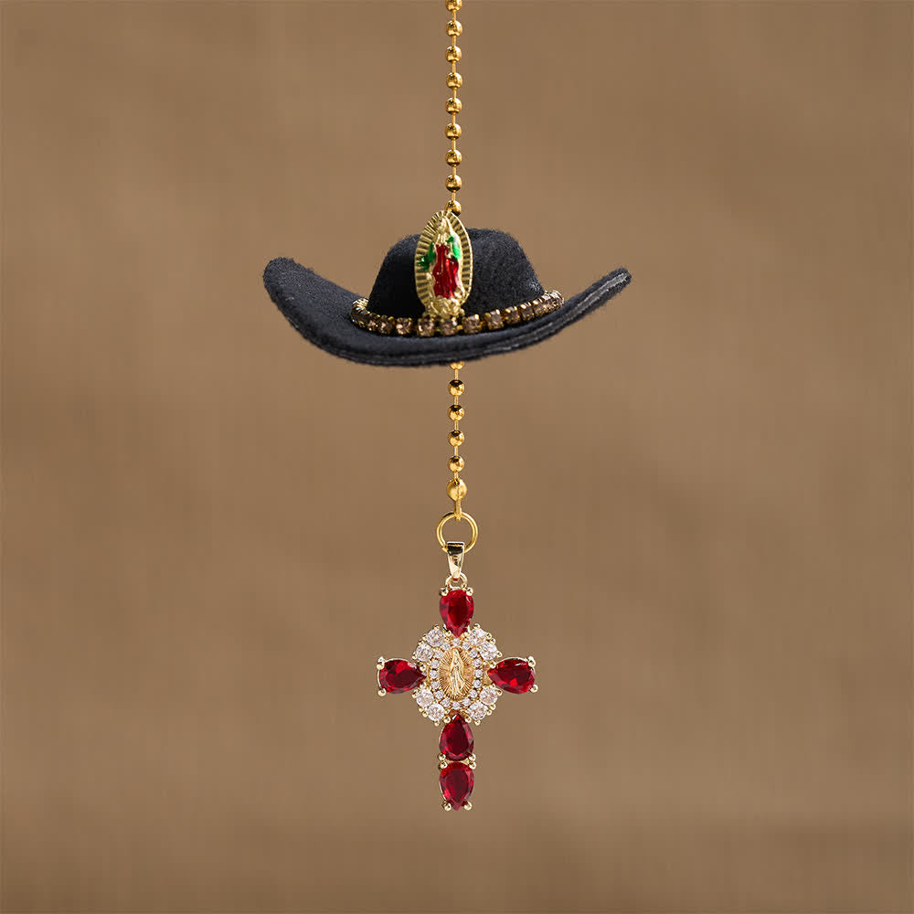 Christianartworkshop Mini-Cowboyhut-Autoanhänger mit Marienkreuz aus Kristall: Eine Erinnerung an den gnädigen Schutz Gottes auf jeder Reise - Schwarz - image 12