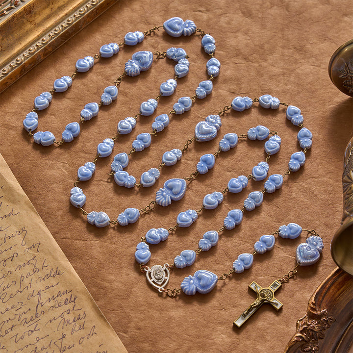 Christianartworkshop Rosenkranz aus Keramik mit glänzender Glasur und Medaillon des Heiligen Herzens - Rosenkranz mit Herz-Jesus-Motiv - image 0