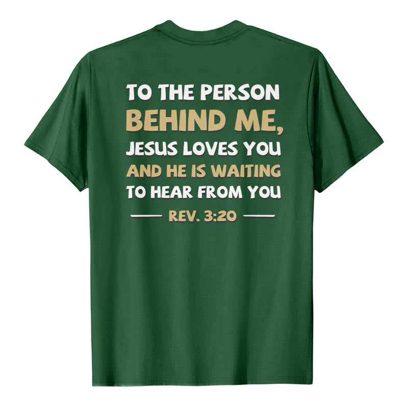 Christianartworkshop Lässiges, klassisches T-Shirt mit doppelseitigem, zweifarbigem Bibelvers (Offb. 3,20) - Dunkelgrün - 2XL - image 12