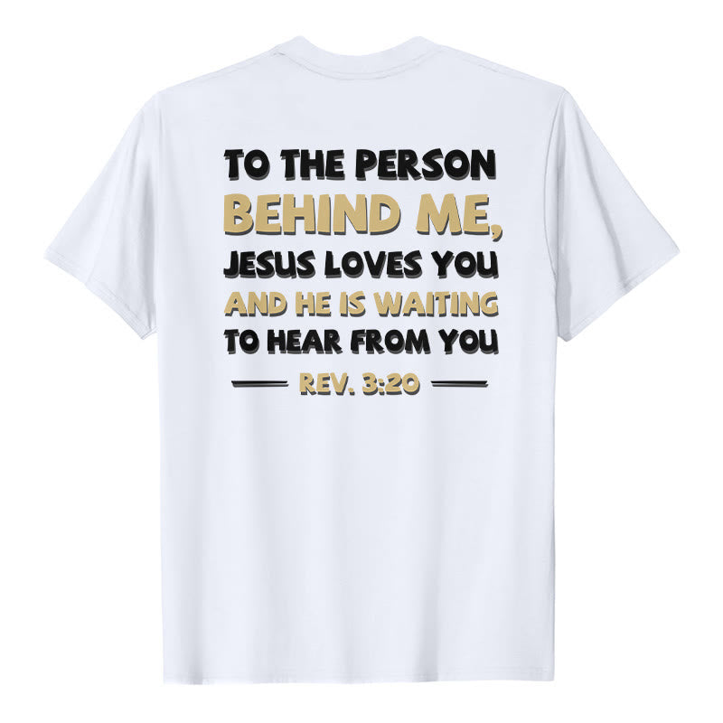 Christianartworkshop Lässiges, klassisches T-Shirt mit doppelseitigem, zweifarbigem Bibelvers (Offb. 3,20) - Weiß - 2XL - image 3