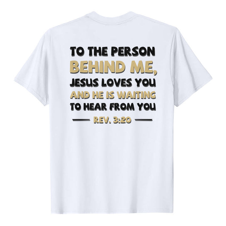 Christianartworkshop Lässiges, klassisches T-Shirt mit doppelseitigem, zweifarbigem Bibelvers (Offb. 3,20) - Weiß - 2XL - image 3
