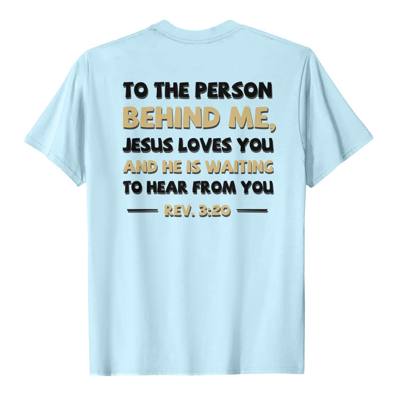Christianartworkshop Lässiges, klassisches T-Shirt mit doppelseitigem, zweifarbigem Bibelvers (Offb. 3,20) - Blau - 2XL - image 18