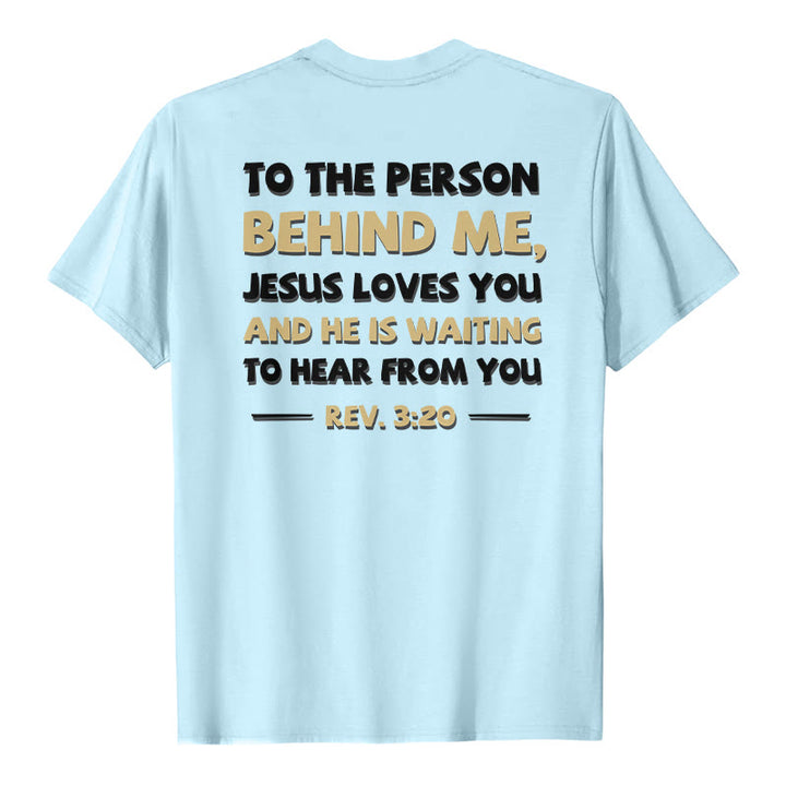 Christianartworkshop Lässiges, klassisches T-Shirt mit doppelseitigem, zweifarbigem Bibelvers (Offb. 3,20) - Blau - 2XL - image 18