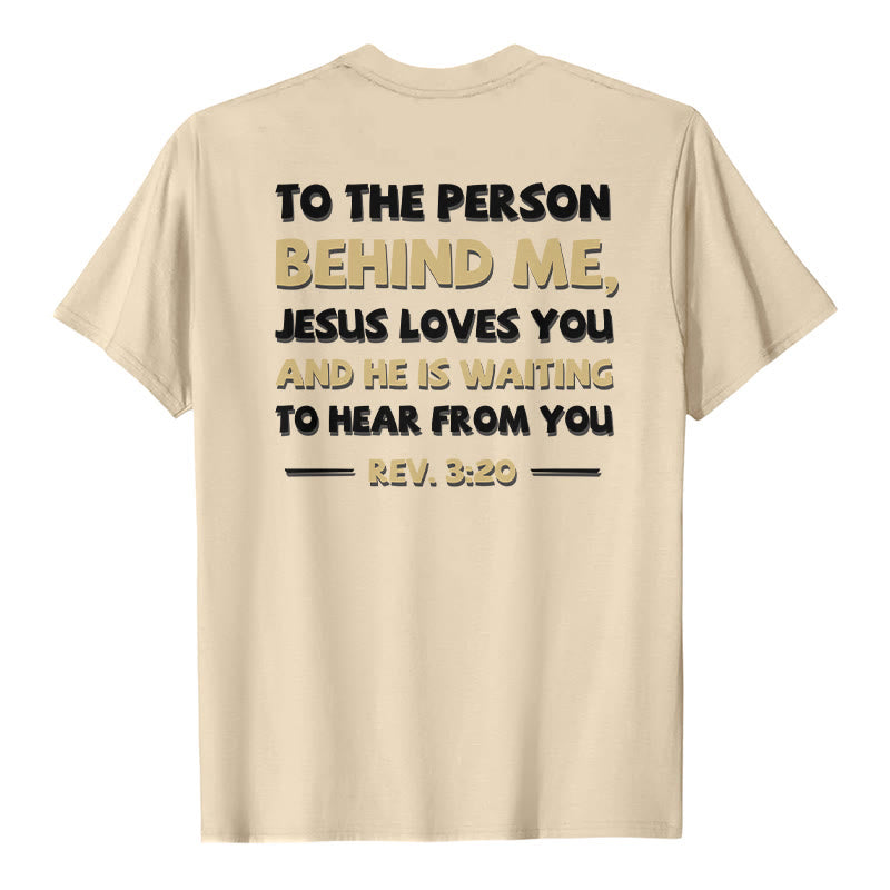 Christianartworkshop Lässiges, klassisches T-Shirt mit doppelseitigem, zweifarbigem Bibelvers (Offb. 3,20) - Beige - 2XL - image 6