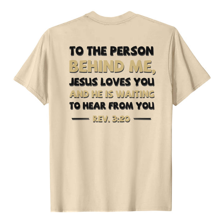 Christianartworkshop Lässiges, klassisches T-Shirt mit doppelseitigem, zweifarbigem Bibelvers (Offb. 3,20) - Beige - 2XL - image 6