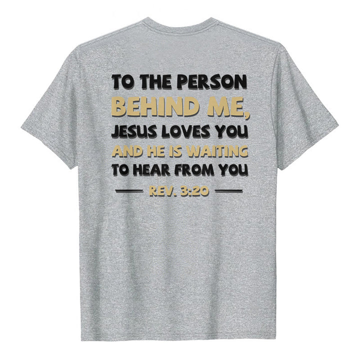 Christianartworkshop Lässiges, klassisches T-Shirt mit doppelseitigem, zweifarbigem Bibelvers (Offb. 3,20) - Grau - 2XL - image 9