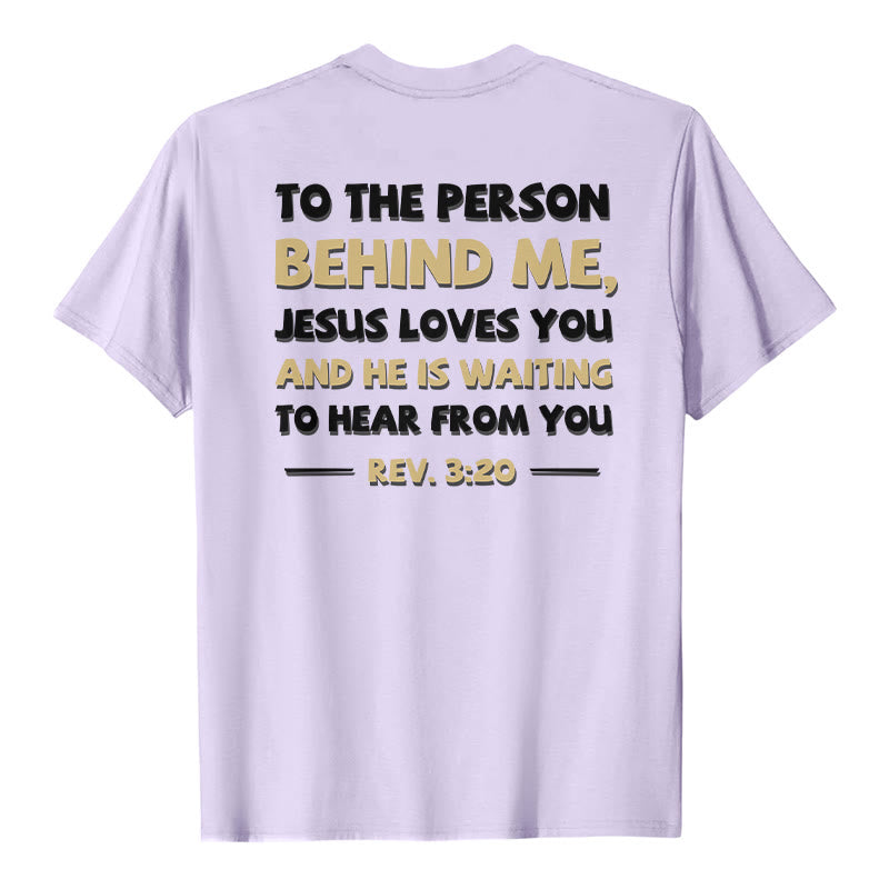 Christianartworkshop Lässiges, klassisches T-Shirt mit doppelseitigem, zweifarbigem Bibelvers (Offb. 3,20) - Lila - 2XL - image 21