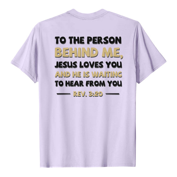 Christianartworkshop Lässiges, klassisches T-Shirt mit doppelseitigem, zweifarbigem Bibelvers (Offb. 3,20) - Lila - 2XL - image 21