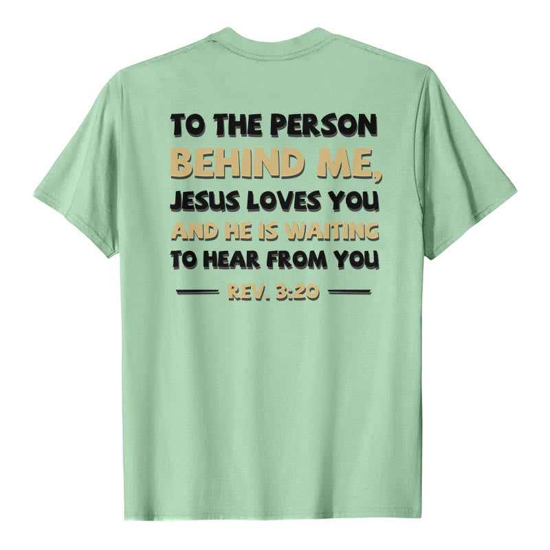 Christianartworkshop Lässiges, klassisches T-Shirt mit doppelseitigem, zweifarbigem Bibelvers (Offb. 3,20) - Hellgrün - 2XL - image 24