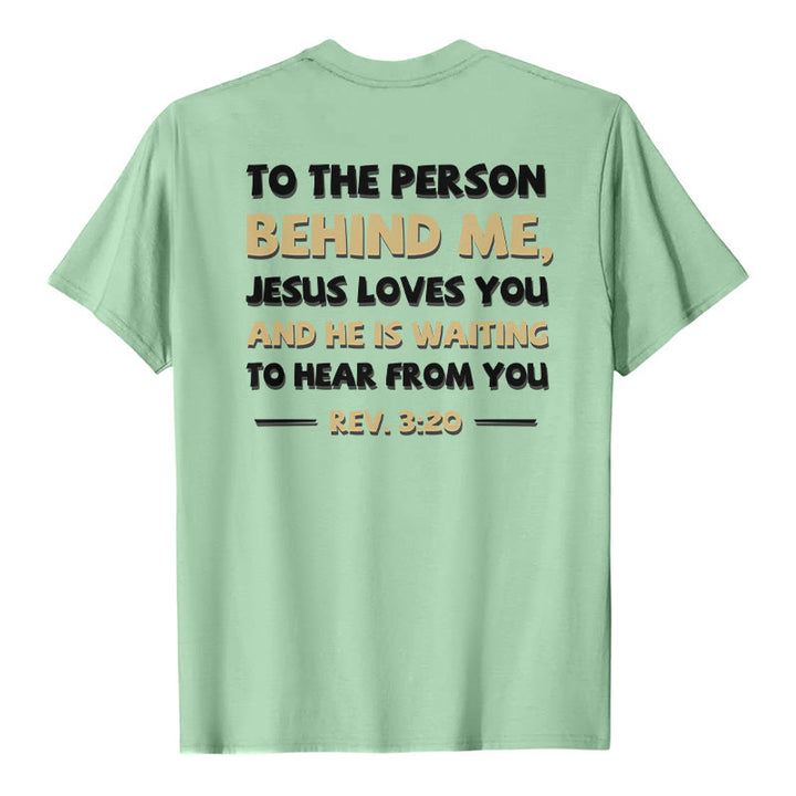 Christianartworkshop Lässiges, klassisches T-Shirt mit doppelseitigem, zweifarbigem Bibelvers (Offb. 3,20) - Hellgrün - 2XL - image 24