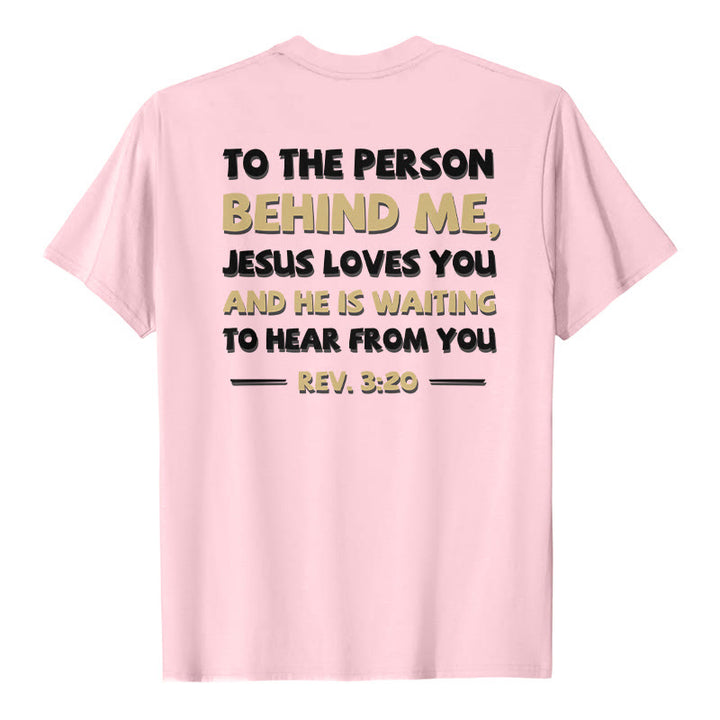 Christianartworkshop Lässiges, klassisches T-Shirt mit doppelseitigem, zweifarbigem Bibelvers (Offb. 3,20) - Rosa - 2XL - image 0
