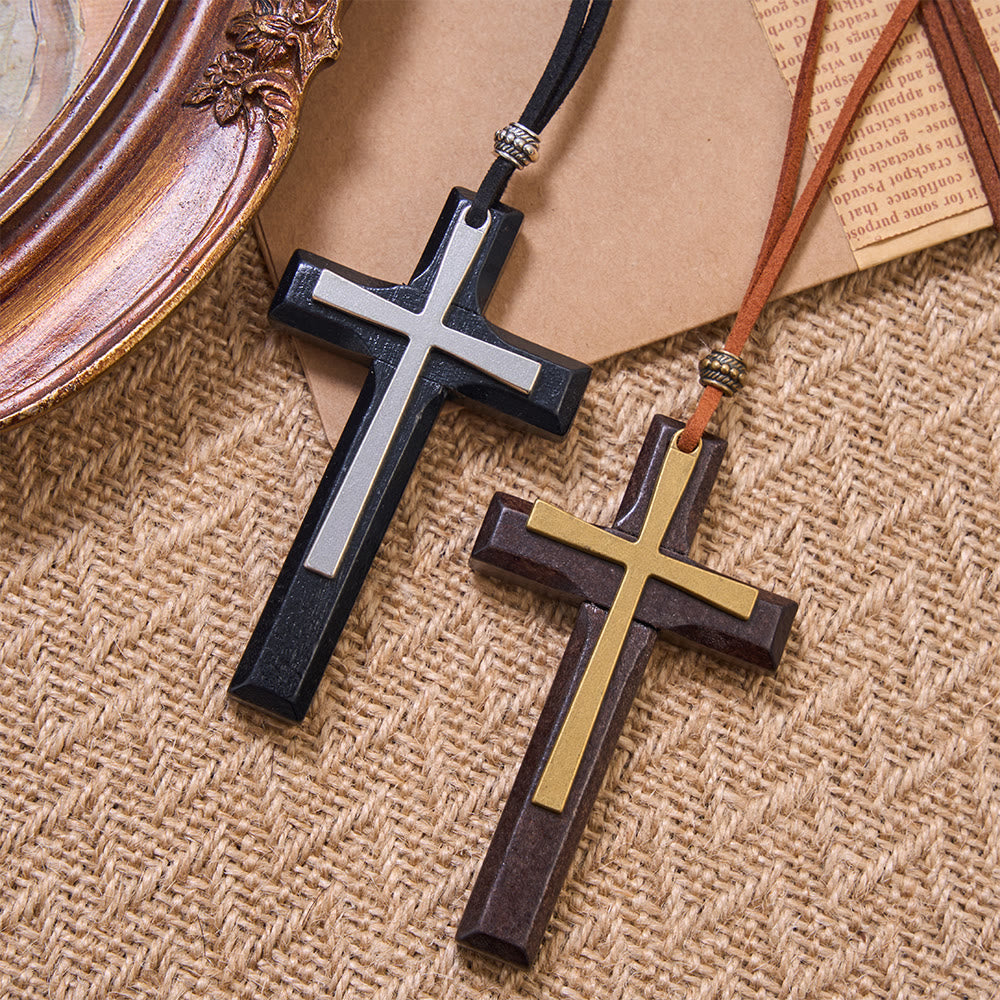 Christianartworkshop Minimalistische Halskette mit eingelegtem Metallkreuz aus massivem Holz und Wildlederkordel: Symbol für unerschütterlichen himmlischen Schutz - image 1