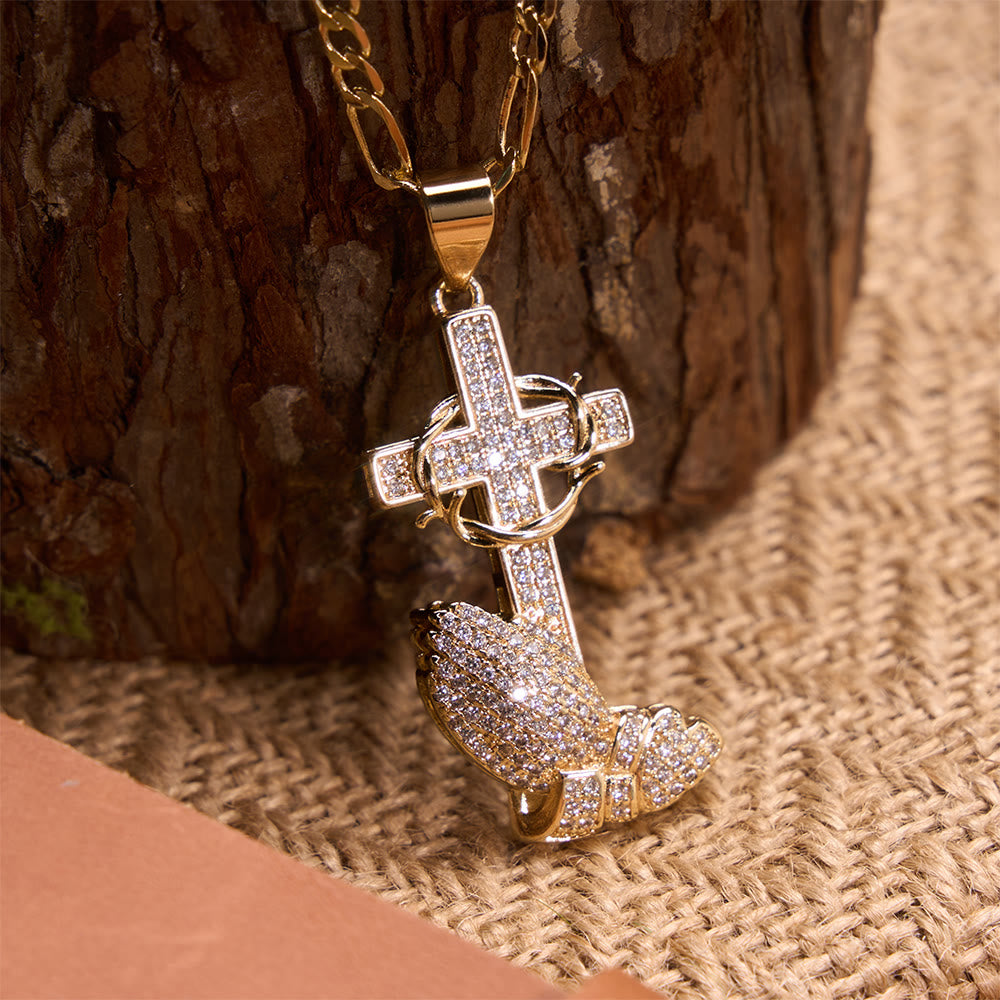 Christianartworkshop Vollständig mit Kristallpavé besetzte Dornenkreuz-Gebetshände-Figaro-Kette: Symbol der barmherzigen himmlischen Erlösung - image 3