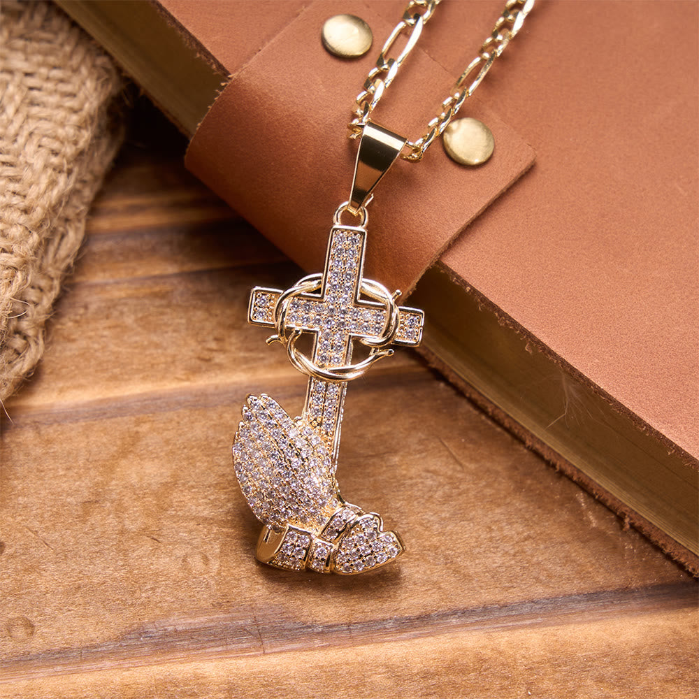 Christianartworkshop Vollständig mit Kristallpavé besetzte Dornenkreuz-Gebetshände-Figaro-Kette: Symbol der barmherzigen himmlischen Erlösung - image 4