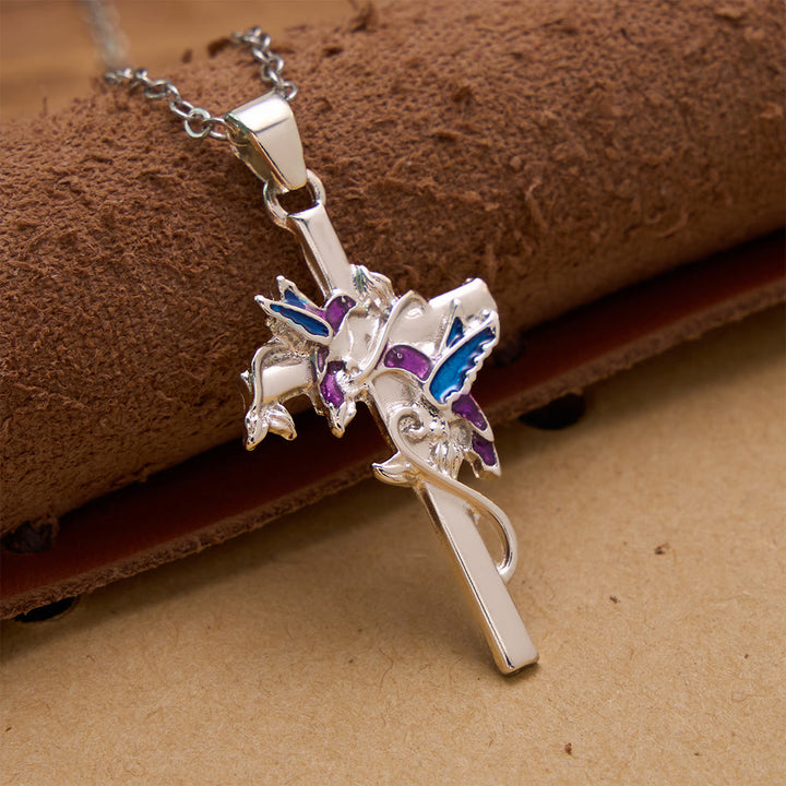 Christianartworkshop Handgefertigte, emaillierte Halskette mit Kolibri-Motiv und schmaler Kreuzkette: Symbol sanften himmlischen Segens - image 1
