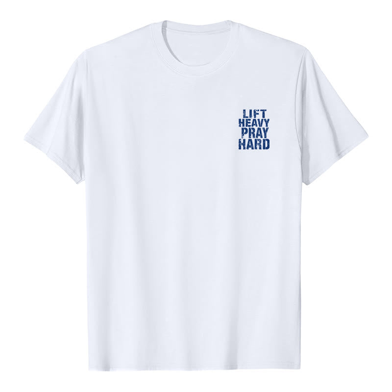 Christianartworkshop Klassisches T-Shirt mit doppelseitigem Aufdruck „Lift Heavy Pray Hard“ und Used-Look - image 5