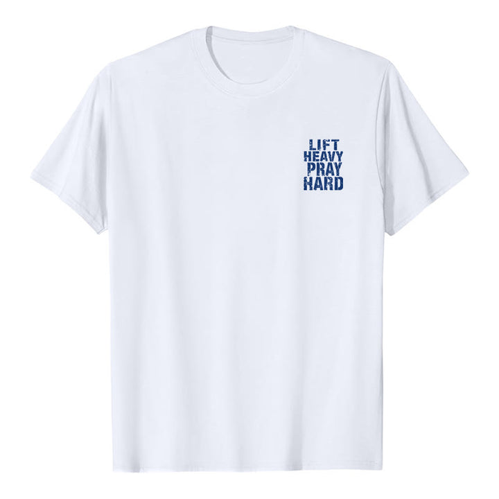 Christianartworkshop Klassisches T-Shirt mit doppelseitigem Aufdruck „Lift Heavy Pray Hard“ und Used-Look - image 5
