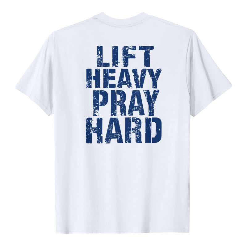 Christianartworkshop Klassisches T-Shirt mit doppelseitigem Aufdruck „Lift Heavy Pray Hard“ und Used-Look - Weiß - 2XL - image 3