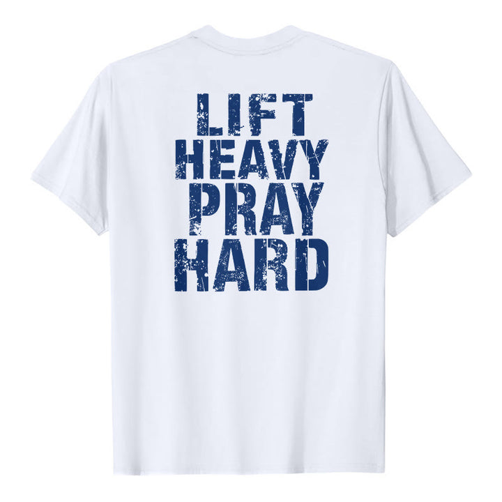 Christianartworkshop Klassisches T-Shirt mit doppelseitigem Aufdruck „Lift Heavy Pray Hard“ und Used-Look - Weiß - 2XL - image 3
