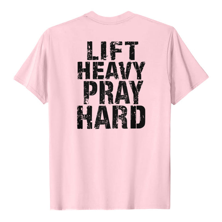 Christianartworkshop Klassisches T-Shirt mit doppelseitigem Aufdruck „Lift Heavy Pray Hard“ und Used-Look - Rosa - 2XL - image 0