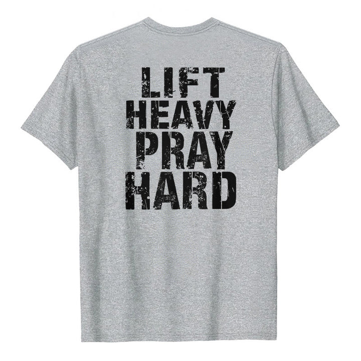 Christianartworkshop Klassisches T-Shirt mit doppelseitigem Aufdruck „Lift Heavy Pray Hard“ und Used-Look - Grau - 2XL - image 9