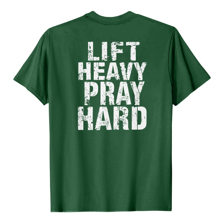 Christianartworkshop Klassisches T-Shirt mit doppelseitigem Aufdruck „Lift Heavy Pray Hard“ und Used-Look - Dunkelgrün - 2XL - image 12