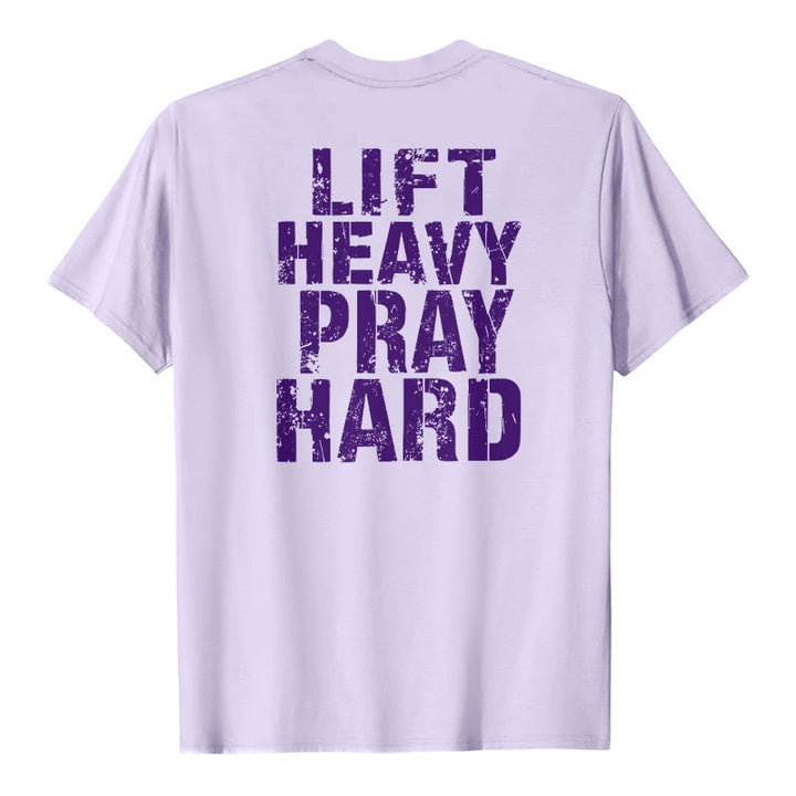 Christianartworkshop Klassisches T-Shirt mit doppelseitigem Aufdruck „Lift Heavy Pray Hard“ und Used-Look - Lila - 2XL - image 21