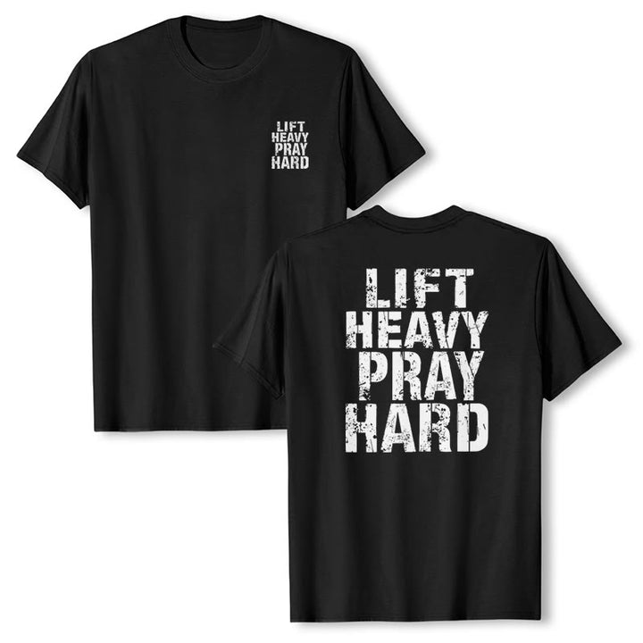 Christianartworkshop Klassisches T-Shirt mit doppelseitigem Aufdruck „Lift Heavy Pray Hard“ und Used-Look - image 16