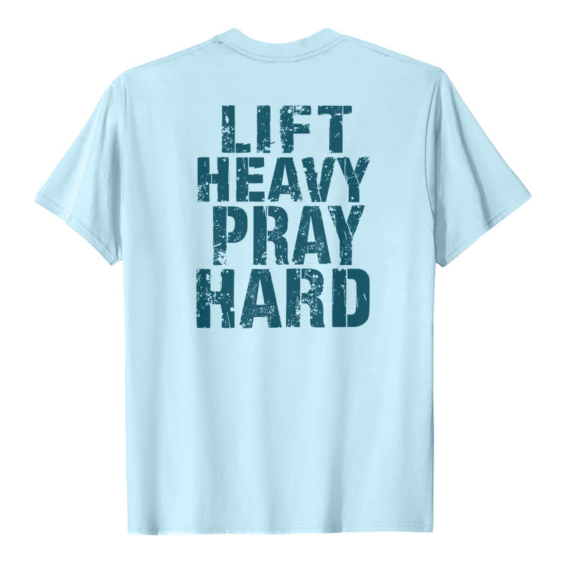Christianartworkshop Klassisches T-Shirt mit doppelseitigem Aufdruck „Lift Heavy Pray Hard“ und Used-Look - Blau - 2XL - image 18