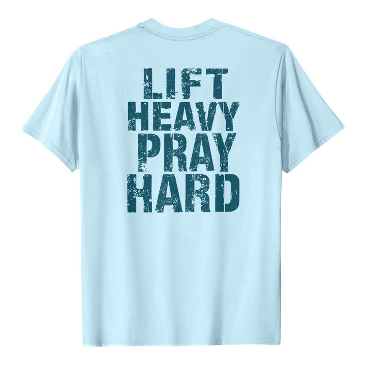 Christianartworkshop Klassisches T-Shirt mit doppelseitigem Aufdruck „Lift Heavy Pray Hard“ und Used-Look - Blau - 2XL - image 18