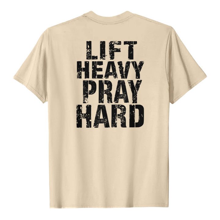 Christianartworkshop Klassisches T-Shirt mit doppelseitigem Aufdruck „Lift Heavy Pray Hard“ und Used-Look - Beige - 2XL - image 6