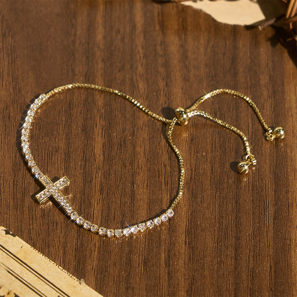 Christianartworkshop Vollständig mit funkelnden Zirkonia besetztes, verstellbares Tennisarmband mit Kreuzverschluss: Symbol strahlender himmlischer Führung - Golden - image 7