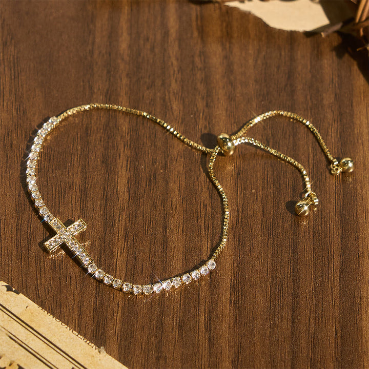 Christianartworkshop Vollständig mit funkelnden Zirkonia besetztes, verstellbares Tennisarmband mit Kreuzverschluss: Symbol strahlender himmlischer Führung - Golden - image 7