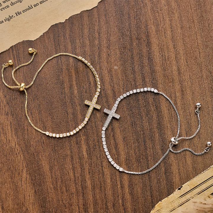 Christianartworkshop Vollständig mit funkelnden Zirkonia besetztes, verstellbares Tennisarmband mit Kreuzverschluss: Symbol strahlender himmlischer Führung - image 3
