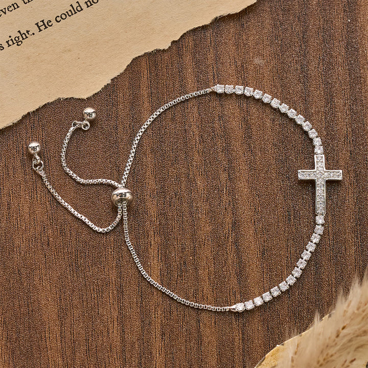 Christianartworkshop Vollständig mit funkelnden Zirkonia besetztes, verstellbares Tennisarmband mit Kreuzverschluss: Symbol strahlender himmlischer Führung - image 5