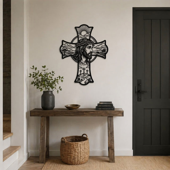 Christianartworkshop Dreifaches Kreuz mit Dornenkrone und Jesusmotiv, lasergeschnittenes Metall, Wanddekoration: Erfüllt Gebetsecken mit sanfter, göttlicher Wärme - image 1