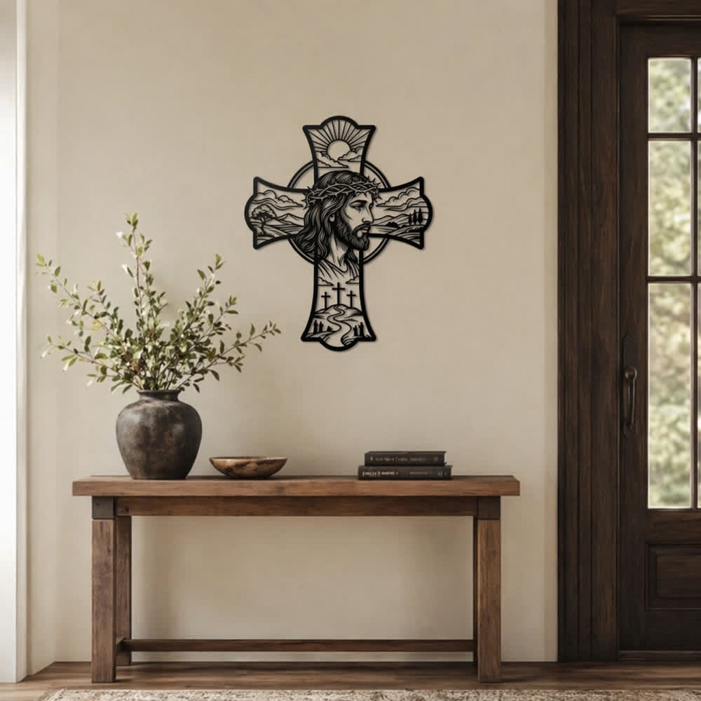 Christianartworkshop Hilltop Dreifaches Kreuz Dornenkrone Jesus Lasergeschnittene Metallwanddekoration: Erfüllt Gebetsecken mit sanfter göttlicher Wärme - image 3