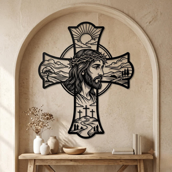 Christianartworkshop Hilltop Dreifaches Kreuz Dornenkrone Jesus Lasergeschnittene Metallwanddekoration: Erfüllt Gebetsecken mit sanfter göttlicher Wärme - image 0