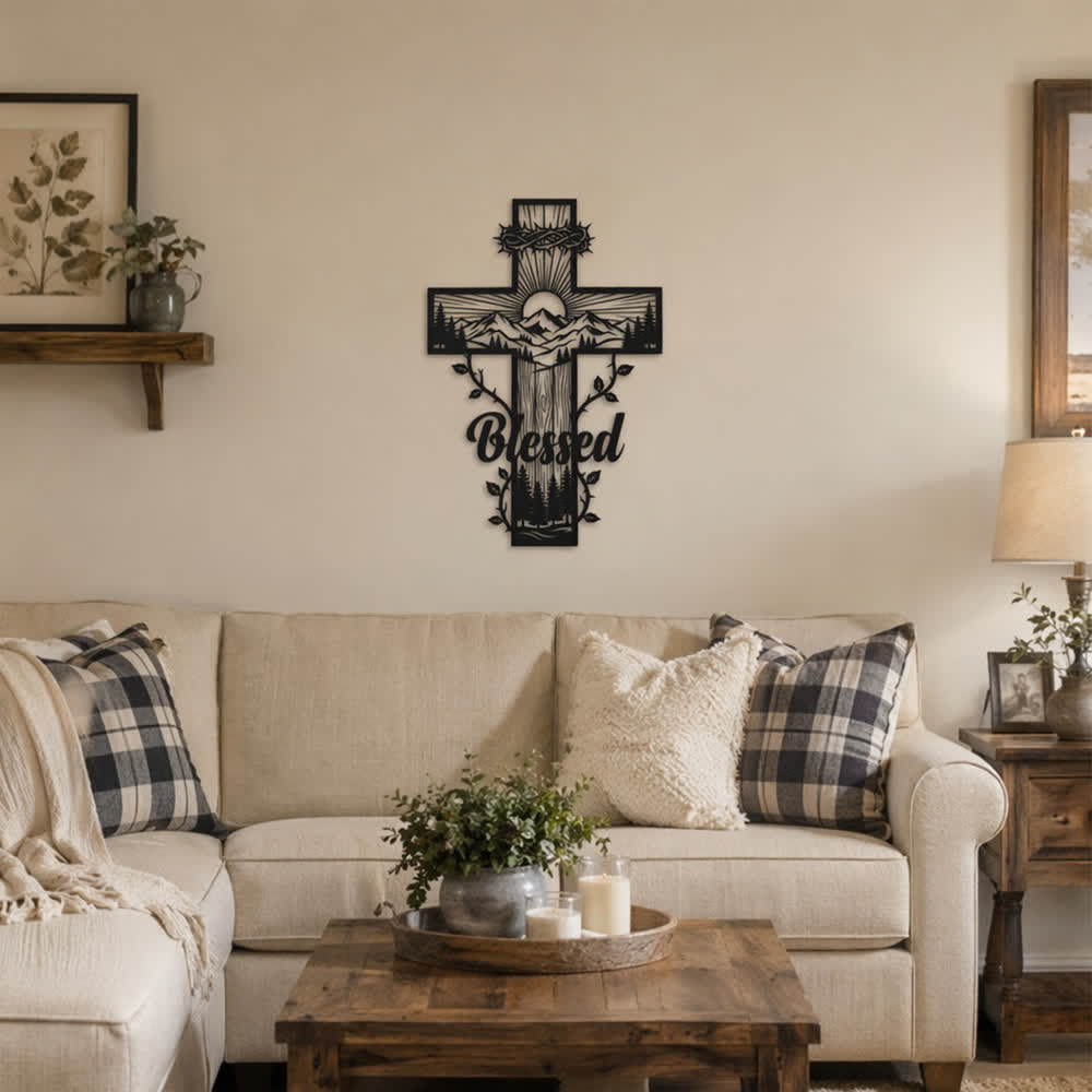 Christianartworkshop Wanddekoration aus Metall mit Weinrankenbordüre, gesegnetem Bergkreuz: Symbol des göttlichen Segens - image 1